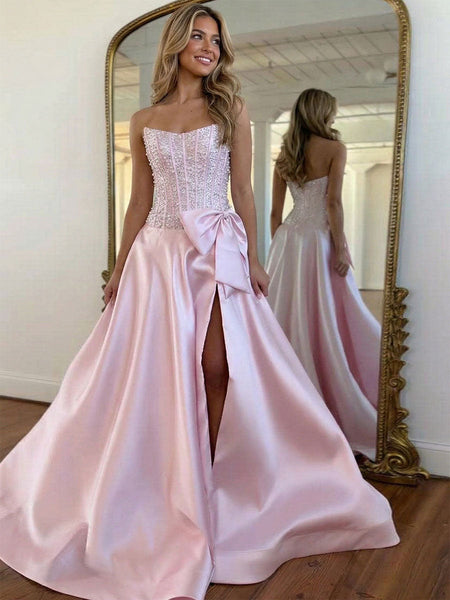 Chic Pink Satin Strapless Pearl Corset Bow Prom Dresses with Beading VK26031511