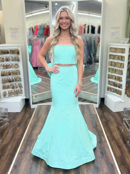 Chic Mint Green Two-Piece Strapless Bow Prom Dress