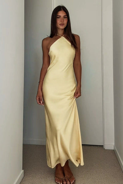 Halter Neck Light Yellow Long Party Dress with Open Back