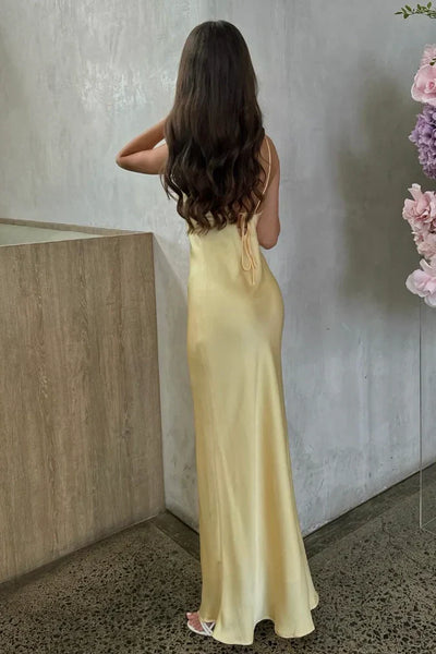 Halter Neck Light Yellow Long Party Dress with Open Back