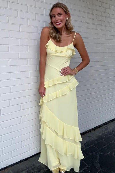 Chic Spaghetti Straps Ruffles Sleeveless Sheath Long Prom Party Dress