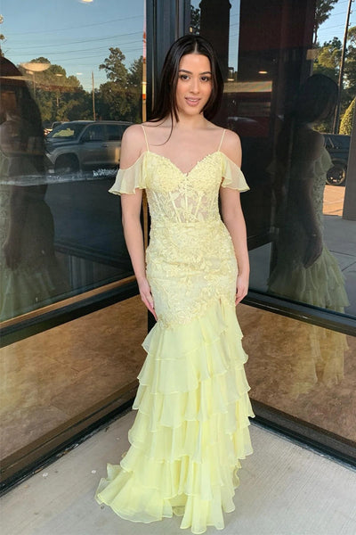 Cold Sleeves Lace Mermaid Ruffle Yellow Long Prom Dress
