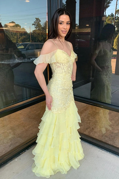 Cold Sleeves Lace Mermaid Ruffle Yellow Long Prom Dress