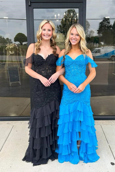Cold Sleeves Lace Mermaid Ruffle Yellow Long Prom Dress