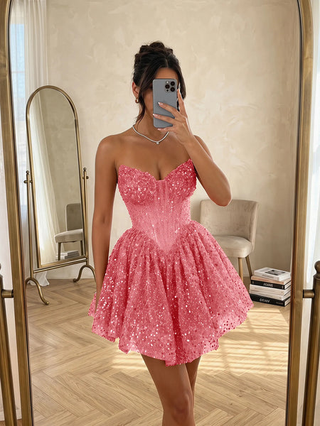 Sequin Strapless Sweetheart Mini Homecoming Dress with Ruffled Skirt