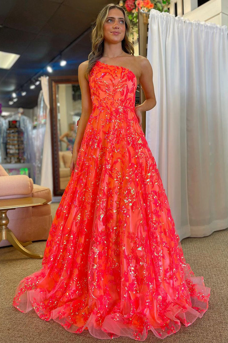 Coral A-Line One Shoulder Sequin Lace Long Prom Dresses VK24011803-1