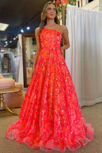 Coral A-Line One Shoulder Sequin Lace Long Prom Dresses VK24011803-1