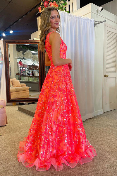Coral A-Line One Shoulder Sequin Lace Long Prom Dresses VK24011803-2