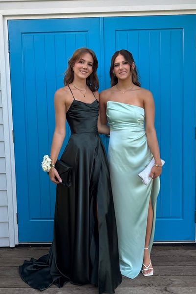 Cowl Neck Black A-line Long Prom Dress with Slit