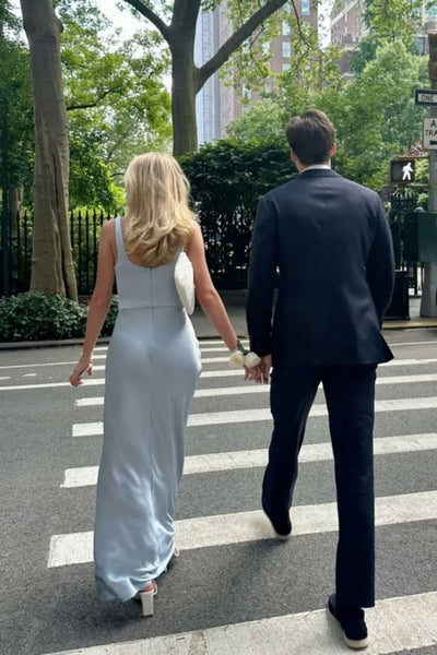 Cowl Neck Dusty Blue Long Dress with Slit