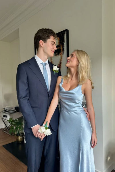 Cowl Neck Dusty Blue Long Dress with Slit