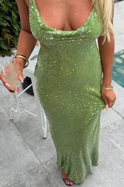 Cowl Neck Green Backless Sequin Maxi Dress