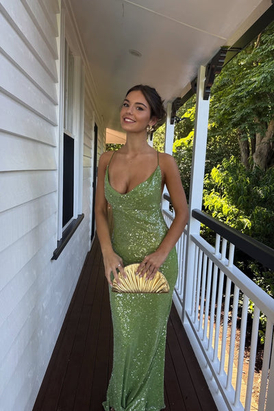 Cowl Neck Green Backless Sequin Maxi Dress