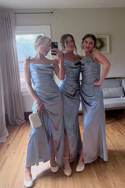 Cowl Neck Ice Blue Pleated Bridesmaid Dress with Slit