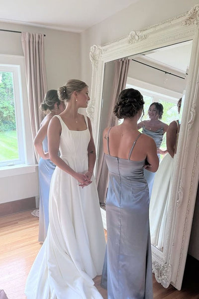 Cowl Neck Ice Blue Pleated Bridesmaid Dress with Slit