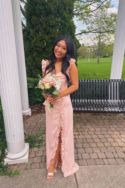 Cowl Neck Peach Ruffle Long Dress with Slit