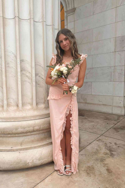 Cowl Neck Peach Ruffle Long Dress with Slit