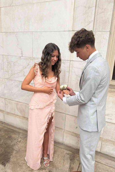 Cowl Neck Peach Ruffle Long Dress with Slit