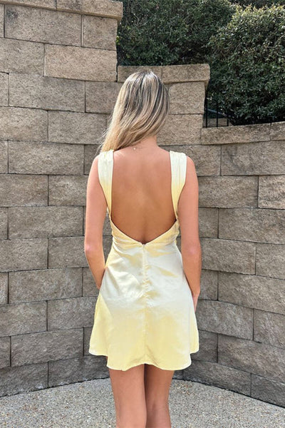 Cowl Neck Yellow A-line Short Dress with Slit