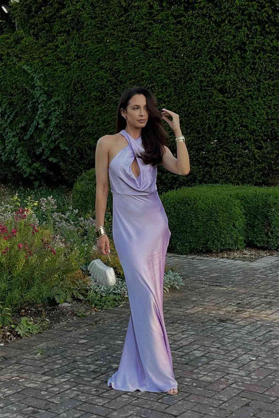 Cross Halter Lilac Open Back Satin Long Dress