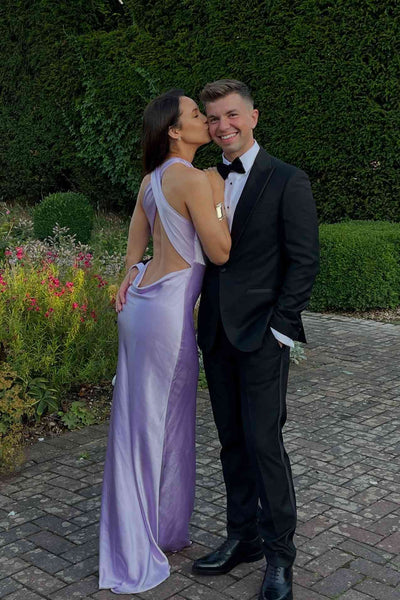 Cross Halter Lilac Open Back Satin Long Dress