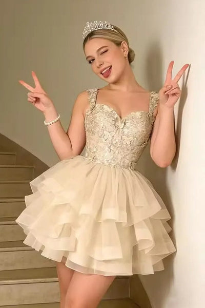 Cute A-Line Straps Sweetheart Empire-Waist Ruffles Short Homecoming Dress