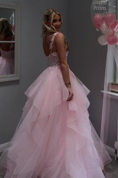 Cute Pink A-Line Sleeveless Empire-Waist Ruffles Long Prom Dress with Appliques
