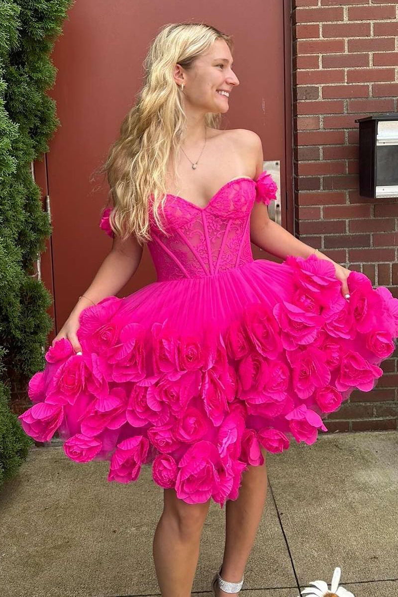 Cute A-Line Off the Shoulder Pink Satin Homecoming Dresses with Flowers VK073134