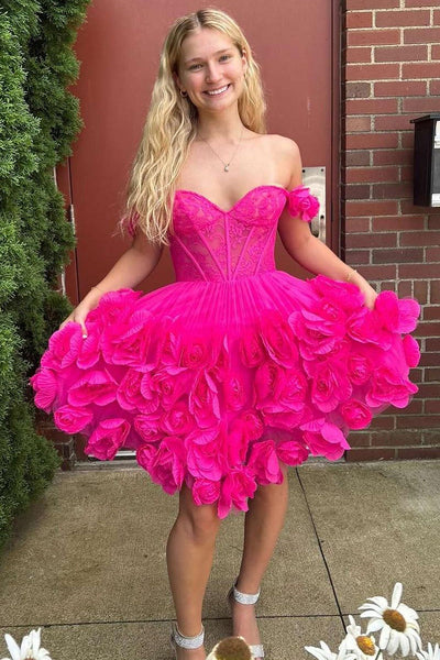 Cute A-Line Off the Shoulder Pink Satin Homecoming Dresses with Flowers VK073134