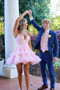 Cute A-Line Pink Tiered Tulle Short Homecoming Dresses VK23102409-1