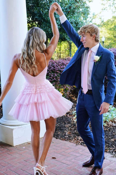 Cute A-Line Pink Tiered Tulle Short Homecoming Dresses VK23102409-2
