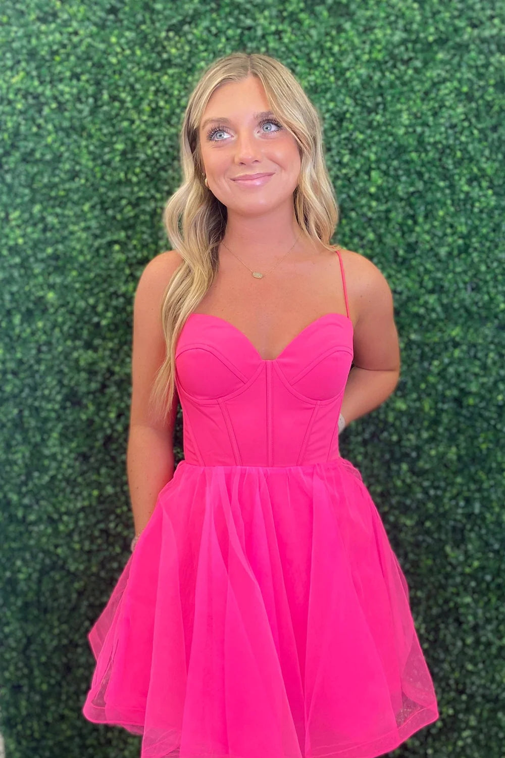 Cute A-Line Spaghetti Straps Fuchsia Tulle Homecoming Dress VK23091805-1