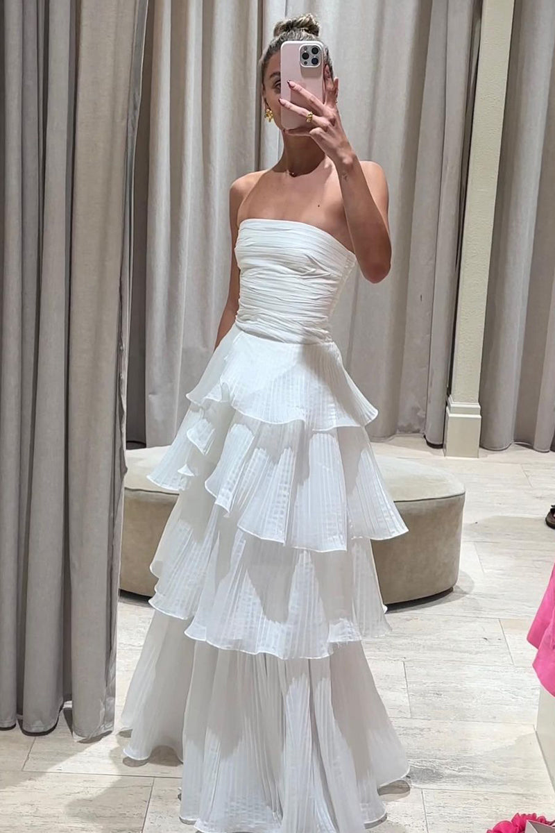 Cute A-Line Srapless Tiered Organza Satin Wedding Dresses VK23120705-1