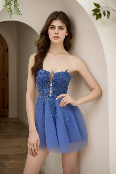 Cute A-Line Strapless Navy Tulle Short Homecoming Dresses with Appliques VK240731145-2