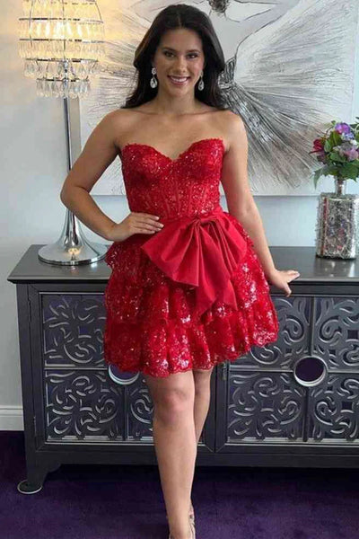 Cute A-Line Strapless Ruffle Appliques Short Homecoming Dress with Bowknot VK24082704