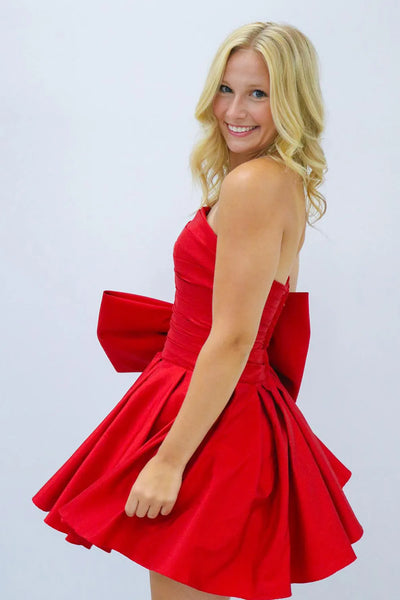 Cute A-Line Strapless Satin Short Homecoming Dresses with Bownot VK24082405