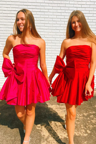 Cute A-Line Strapless Satin Short Homecoming Dresses with Bownot VK24082405