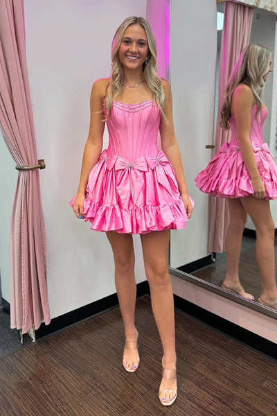 Cute A-Line Strapless White Satin Ruffle Short Homecoimg Dresses VK24083104