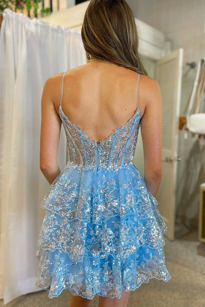 Cute A-Line Sweetheart Blue Lace Appliques Short Tiered Homecoming Dresses VK23071902-2