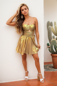 Cute A Line Gold Spaghetti Straps Keyhole Short Homecoming Dresses VK073173-1