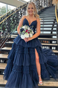 Attractive A-Line Navy Blue Ruffle Tiered Long Prom Dresses with Slit  VK24050804 – Vickidress