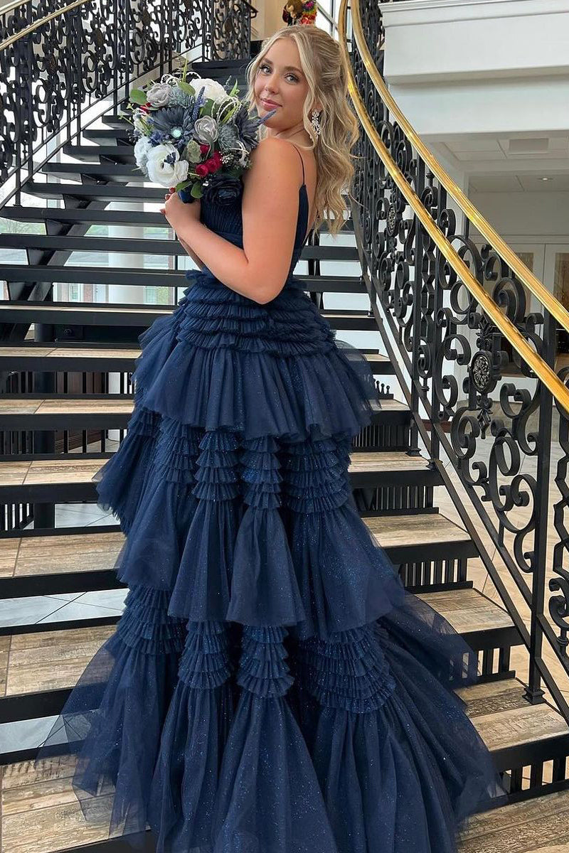 Cute A Line Navy Blue Tiered Tulle Long Prom Dresses with Slit VK0731147