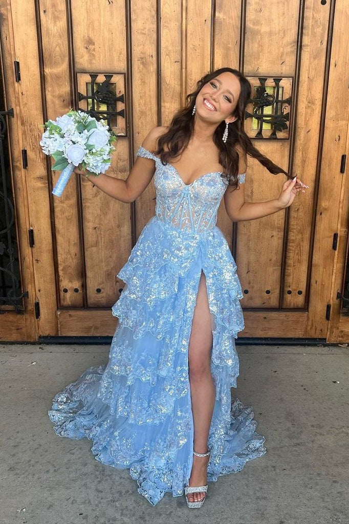 Cute A Line Off the Shoulder Blue Tulle Long Prom Dresses with