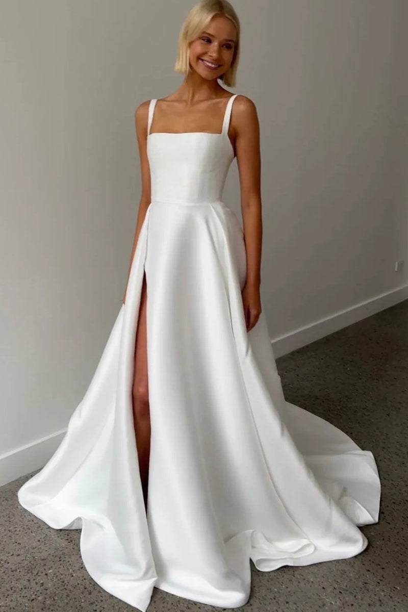 Cute A Line Square Neck Satin Wedding Dresses with Slit VK23060505-1