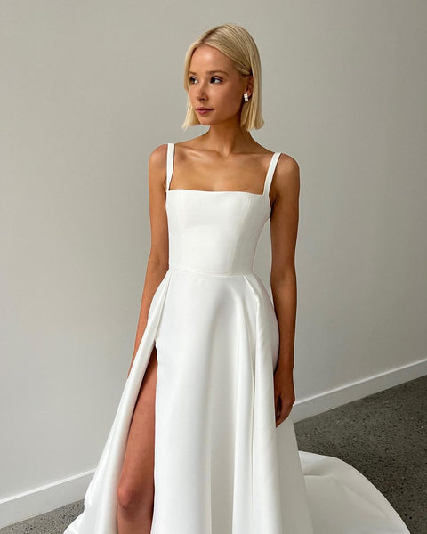 Cute A Line Square Neck Satin Wedding Dresses with Slit VK23060505-2