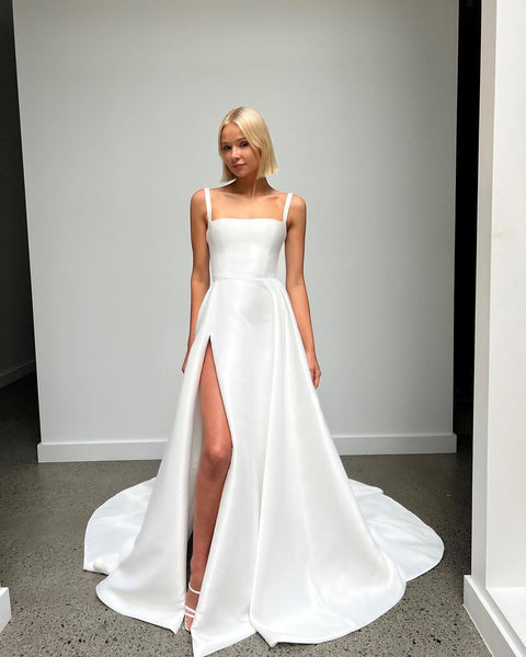 Cute A Line Square Neck Satin Wedding Dresses with Slit VK23060505-3