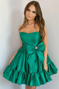 Cute A Line Strapless Green Satin Homecoming Dresses with Bow VK073128