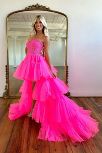 Cute A Line Strapless Hot Pink Tulle High Low Prom Dresses VK23022504