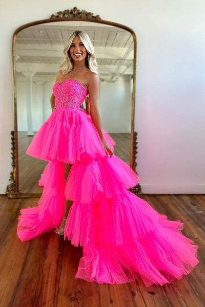 Cute A Line Strapless Hot Pink Tulle High Low Prom Dresses VK23022504