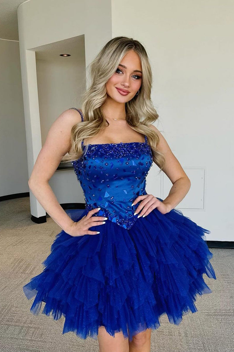 Cute A Line Straps Royal Blue Ruffled Tulle Homecoming Dresses with Beading VK073136